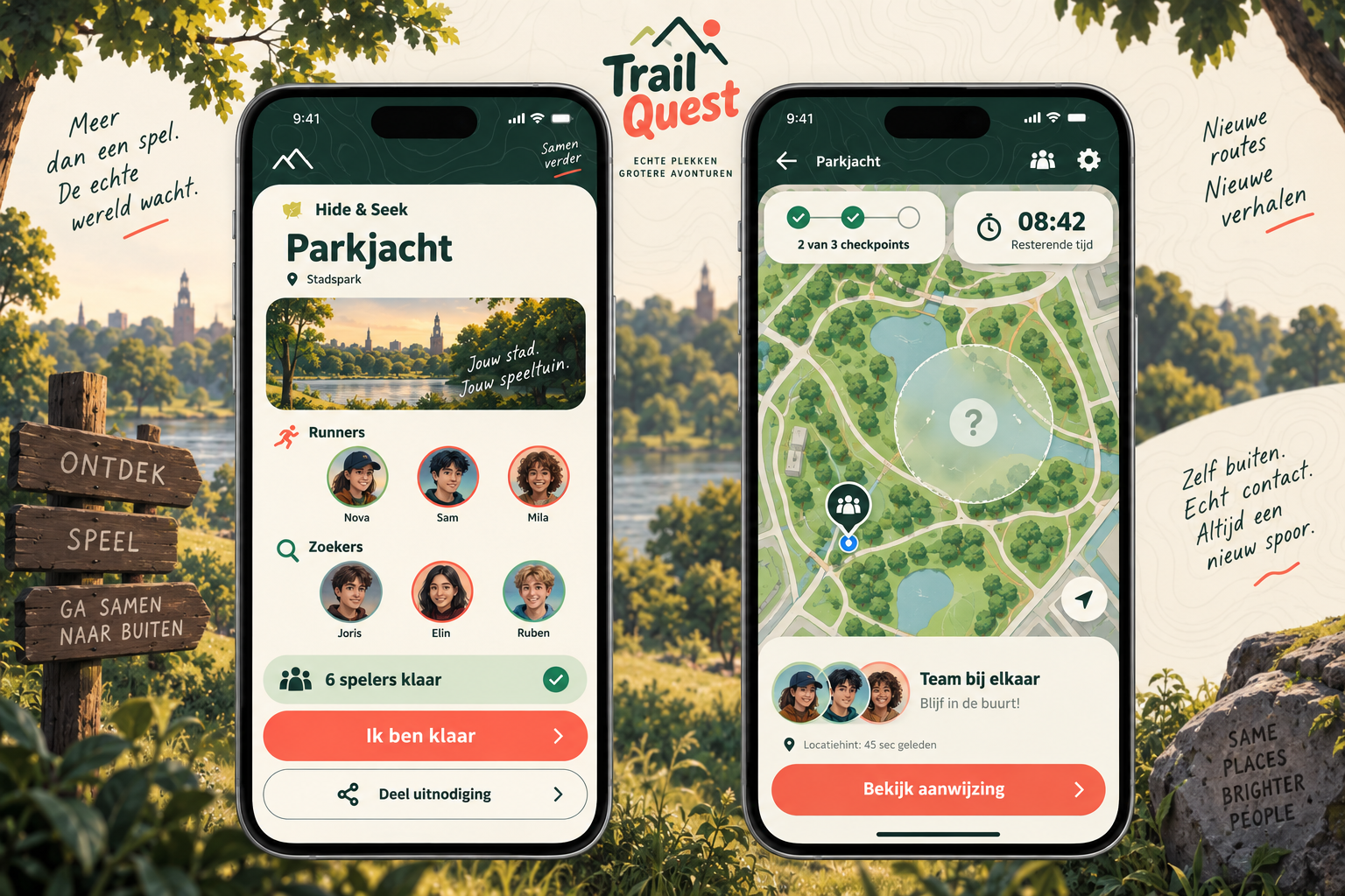 Trail Quest-concept: een buitenavontuur met twee telefoons die de teamlobby en spelkaart tonen.